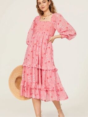 LoveShackFancy Miri Dress Coral Blaze Pink Floral Smocked Ruffled Hem Womens XL